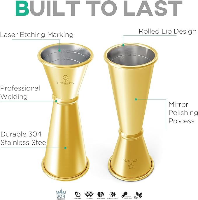 Homestia Japanese Jigger, Measurements Inside, Stainless Steel Cocktail Double Jigger for Bartending, Drink Measuring Cup, Premium & Heavy-Duty 2 oz 1 oz Bartender Tools (Gold)