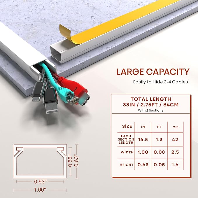 Cord Hider Wall Mounted TV - Wire Cover, Cord Covers, Cable Hider, 33 in Paintable White Raceway Kit, Hide Cords Wall Mount TV, Electrical Cords Concealer, Cable Management Channel, Wire Molding