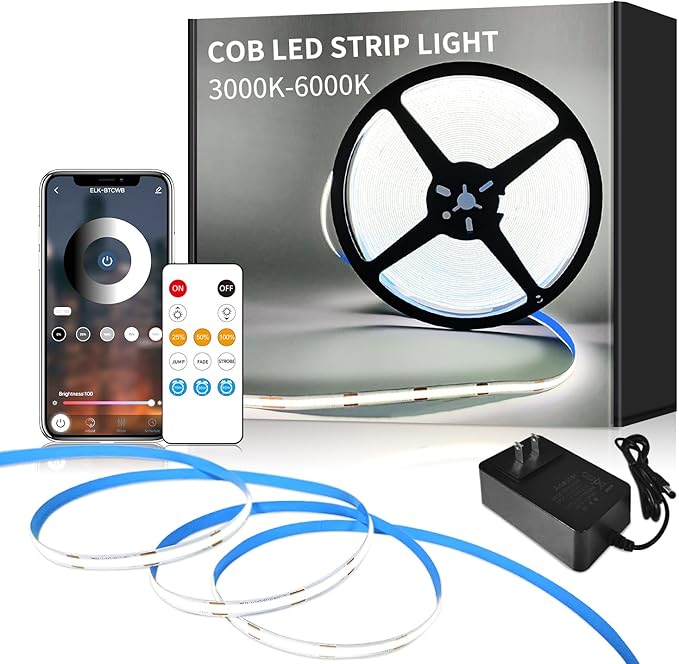 COB LED Strip Lights 6000K 16.4ft DC 24V Dimmable White Flexible LED Tape Light for Bedroom, with Remote and app Control LED Tape Lights,for DIY Home Decoration