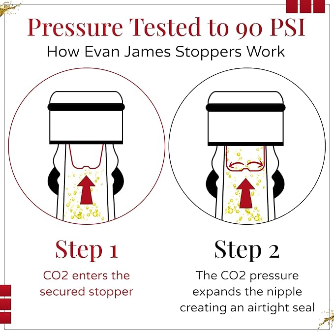 Wine Stopper & Champagne Stopper All In One - Patented Seal, Preserves Bubbles & Taste for Prosecco, Cava, and Wine – 1 Pro Grade Evan James Bottle Stopper With Hanging Gift Box