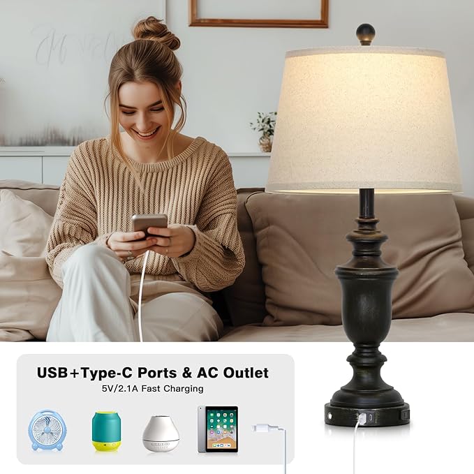 26" Black Table Lamps Set of 2 with USB C+A Ports & AC Outlet for Farmohouse Living Room Retro Bedroom,3-Way Dimmable Touch Lamp Resin Bedside Lamps for Nightstand Side End Table,Black