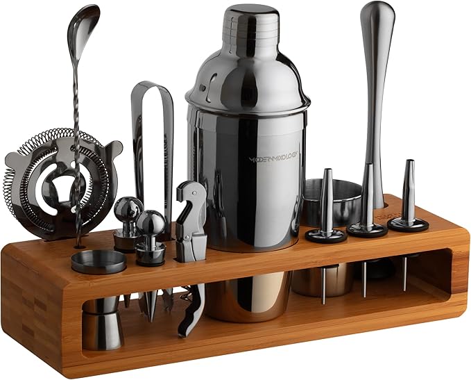 Modern Mixology 21-Piece Cocktail Shaker Set with Stand, Bartender Kit for Home Bar Accessories: 24oz Martini Shaker, Jigger, Strainer, Bar Spoon, Tongs, Opener, Muddler (Black, Brown Stand)