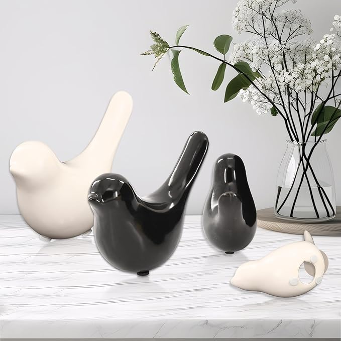 4-Pack Minimalist Shelf Decor Bird Figurines Small Animal Statues， Bird Decor for Home in Matte Black & White, Abstract Bird Figurines Home Decor Set for Tabletops, Shelves, and Desks