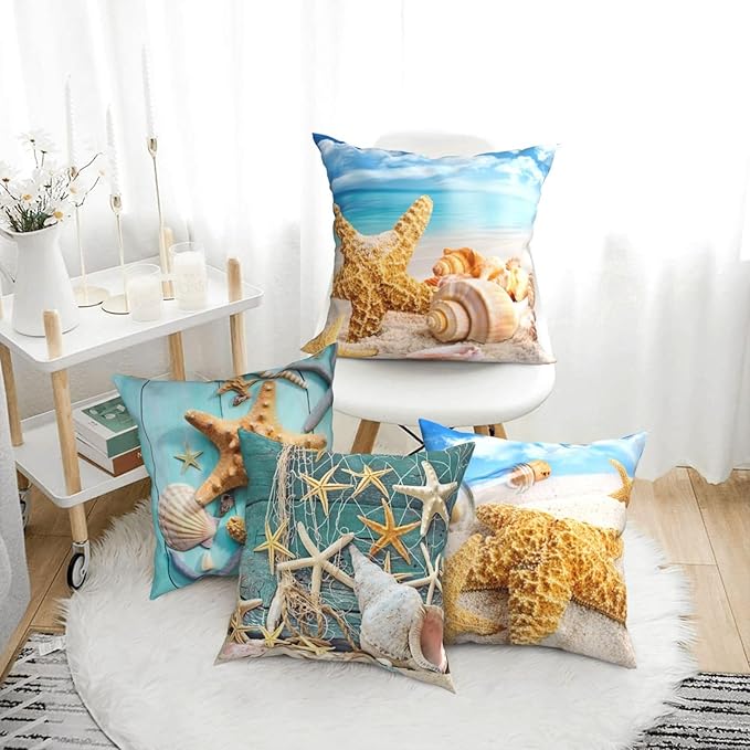 Ocean Beach Throw Pillow Covers 18 x 18 Inch Seashell Starfish Conch Ocean Themed Decorative Pillows Soft Cushion Cases for Couch Sofa Bed Home Decor Set of 4