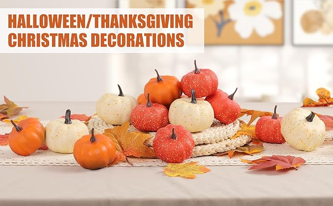 16PCS Realistic Mini Pumpkin Decor,Fall Decor with Pumpkins Maple Leaves, Artificial Pumpkin Decor for Autumn Filler, Realistic Pumpkin Decorations for Halloween Thanksgiving Fall Home Decor