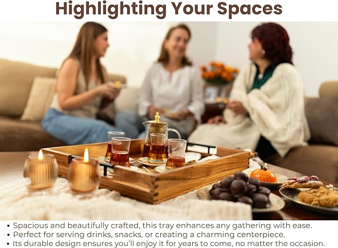 Acacia Wooden Ottoman Tray for Living Room & 6 Coasters Set – 21" Large Coffee Table Serving Tray with Handles, Perfect for Food, Drinks, Kitchen, and Home Decor