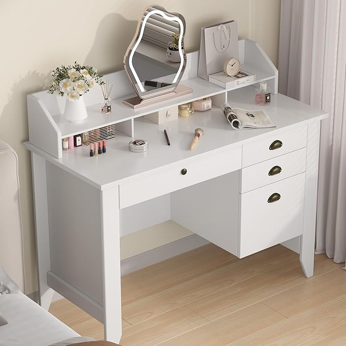 4 EVER WINNER White Desk with Drawers, Small Desk with File Drawer for Small Spaces, Computer Desk with Monitor Stand Wood Table for Home Office, White