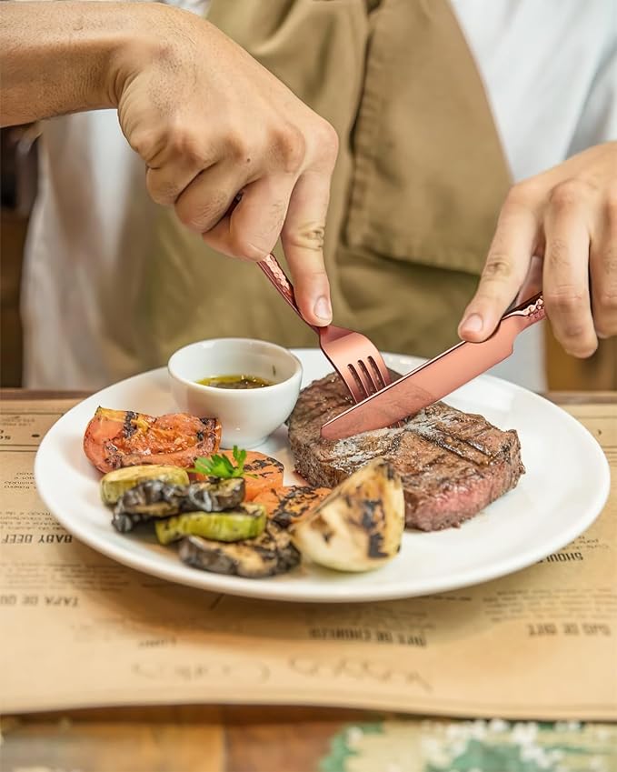 Hammered Silverware Set for 8,Ollex 40-Piece Rose Gold Flatware Cutlery Set with Stainless Steel Spoon Knives Forks Tableware Set, Mirror Finished&Dishwasher Safe