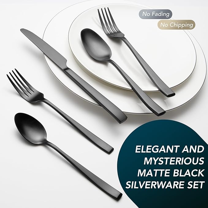 Matte Black Silverware Set, EIUBUIE 40-Piece Premium Stainless Steel Black Cutlery Set for 8, Matte Flatware Sets, Kitchen Utensils Sets Include Forks Spoons Knives