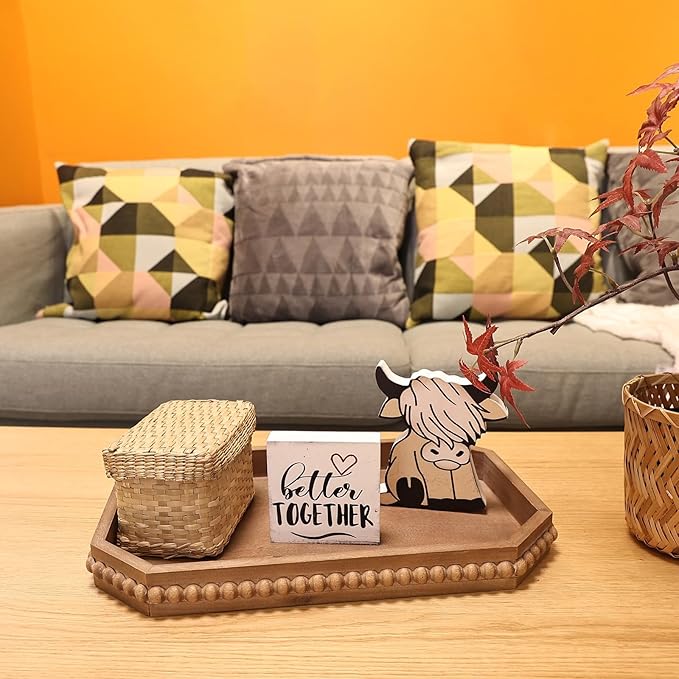 Wood Rustic Serving Tray with Beads, Farmhouse Brown Decorative Tray for Table Centerpiece, Christmas Wedding Halloween Home Decor