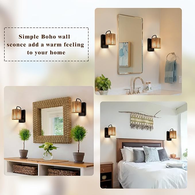 Boho Wall Sconce, Rattan Wall Light Fixtures with Hemp Rope Rustic Sconces for Living Room Bathroom Hallway Bohemian Modern Woven Scocne E26 10inch