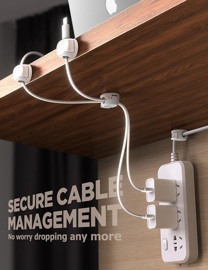 8Pack Cord Organizer [Dual Spring & Clasp] [Max Stability] Cable Clips, Chfeila Cord Holder, Desk Cable Management, Adhesive Wire Organizer for Home Office Desktop Nightstand Car Table Wall - White