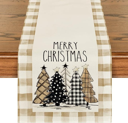 Artoid Mode Watercolor Brown Buffalo Plaid Christmas Trees Merry Xmas Table Runner, Seasonal Winter Holiday Kitchen Dining Table Decoration for Home Party Decor 13 x 60 Inch