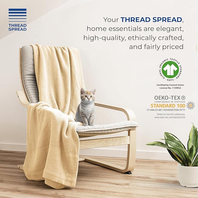 THREAD SPREAD Organic GOTS Certified Cotton Blanket, Twin/Twin XL - 350 GSM, Antistatic, Fuzzy Soft, Lightweight, Sofa, Camping & Travel, All-Season Herringbone Throw, Biege + Stylish Bonus Tote Bag
