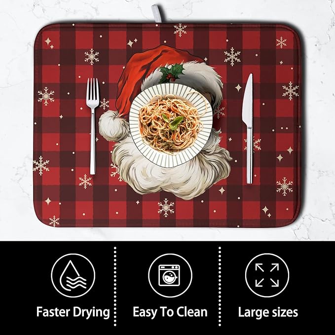 Santa Claus Christmas Dish Drying Mat Xmas Red and Black Buffalo Plaid Snowflake Drying Mats Winter Holiday Dishes Drying Pad Microfiber Absorbent Dish Drainer Rack Mat 18x24 Inch