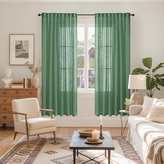 YoungsTex Green Linen Semi Sheer Curtains 72 Inch Length for Living Room 2 Panels, Light Filtering Window Drapes Rustic Textured with Rod Pocket Back Tab for Bedroom, 52 X 72 Inch