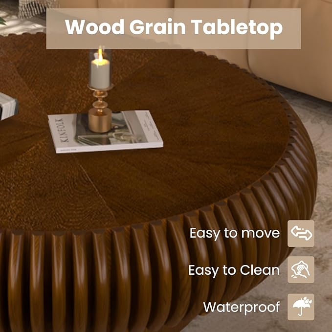 Fluted Drum Coffee Table Round Coffee Table for Living Room Mid Century Modern Coffee Tables with Sturdy Pedestal Circle Center Tea Table Accent Tea Table for Small Space Apartment (31.5" Walnut)