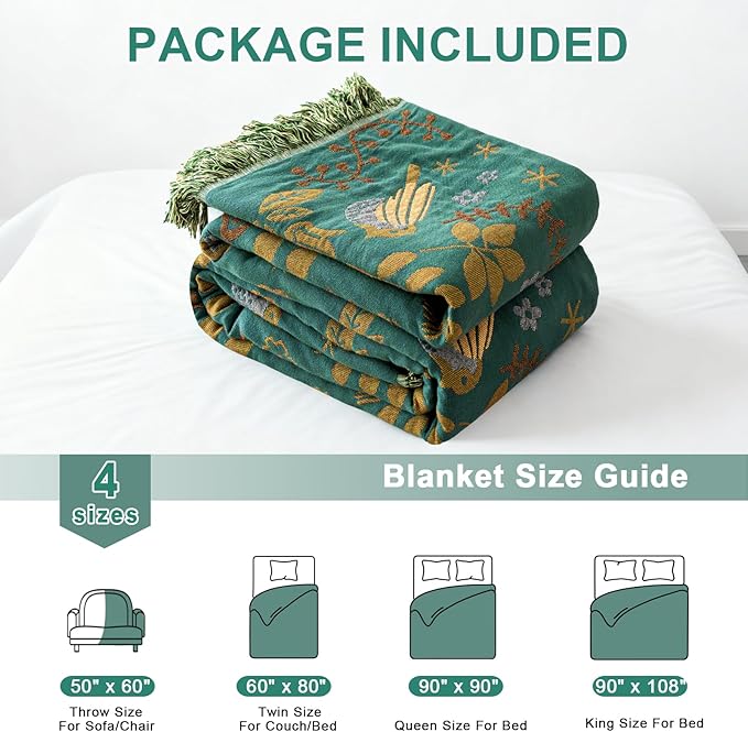 Boho Throw Blanket 90"x108", Soft Cozy 100% Cotton Blanket for Bed, Fall Blankets with Floral Bird Farmhouse Decor Breathable Lightweight King Size All Season