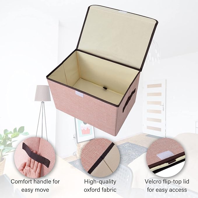 Linen Fabric Foldable Storage Cube Bin Organizer Basket with Flip-Top Lid & Handles, Large Clothes Blanket Box for Home, Office, Closet, Gray & Pink, 4 Pack 14.6 x 9.5 x 9.5”