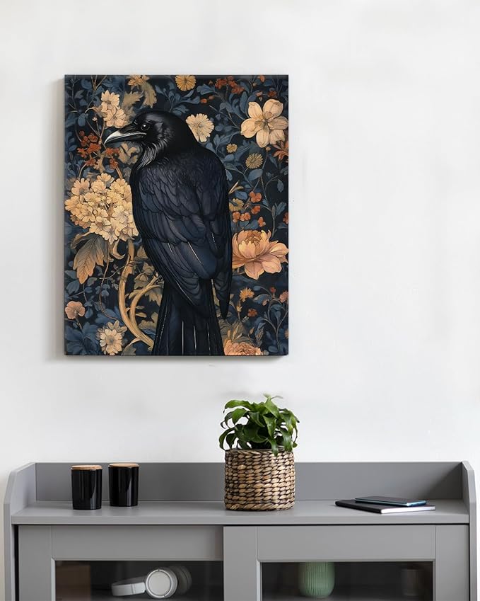 Aesthetic Raven Floral Wall Art Decor Vintage Raven Cottagecore Canvas Print Poster Dark Academia Framed Painting Wall Decoration for Home Farmhouse Living Room Bedroom 8x10 Inch
