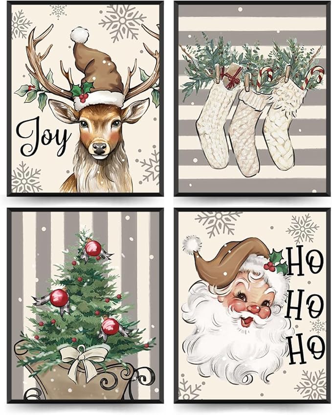 ETVISO Christmas Decor, Christmas Deer Wall Art Prints Set of 4, Retro Xmas Poster, Winter Holidays Gift Print Decor for Gallery Living Room Bathroom, 8x10 (Unframed)