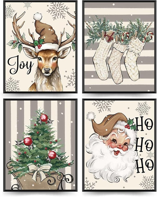 ETVISO Christmas Decor, Christmas Deer Wall Art Prints Set of 4, Retro Xmas Poster, Winter Holidays Gift Print Decor for Gallery Living Room Bathroom, 8x10 (Unframed)