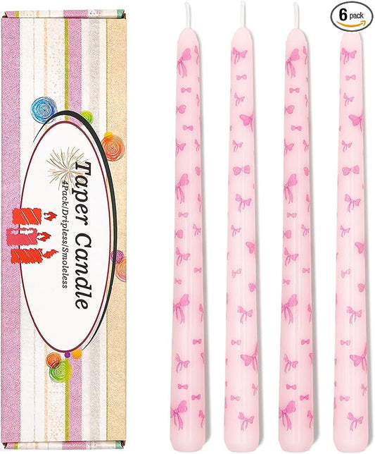 Birthday Bowknot Candles 4 Pcs Unscented, Smokeless, Dripless Long Tapered Candlesticks Candles for Birthday Dinner Dating Wedding Party Home Decor