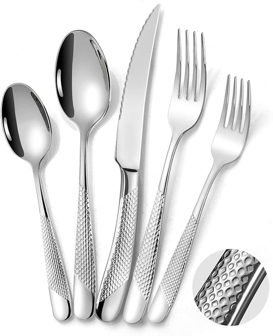 Lemeya 20-Piece Hammered Silverware Set for 4 with Serrated Forging Knives,18/10 Stainless Steel Modern Flatware Set,Unique Cutlery Set Spoons and Forks Set,Mirror Polished,Dishwasher Safe