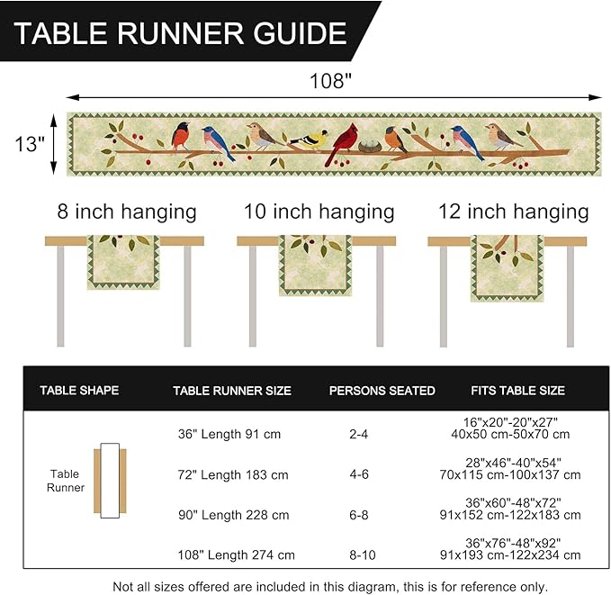 Seliem Summer Birds Tree Branches Table Runner, Cardinal Home Kitchen Dining Decor, Spring Seasonal Farmhouse Decorations Indoor Outdoor Party Supply 13 x 108 Inch