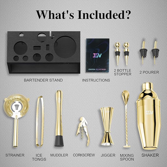 IOV Mixology Bartender Kit with Stand | 12-Piece Cocktail Shaker Set | 24oz Martini Shaker Set for Drink Mixing | Bar Set Includes All Bar Tools and Recipe Booklet | Fun Housewarming Gift (Gold)