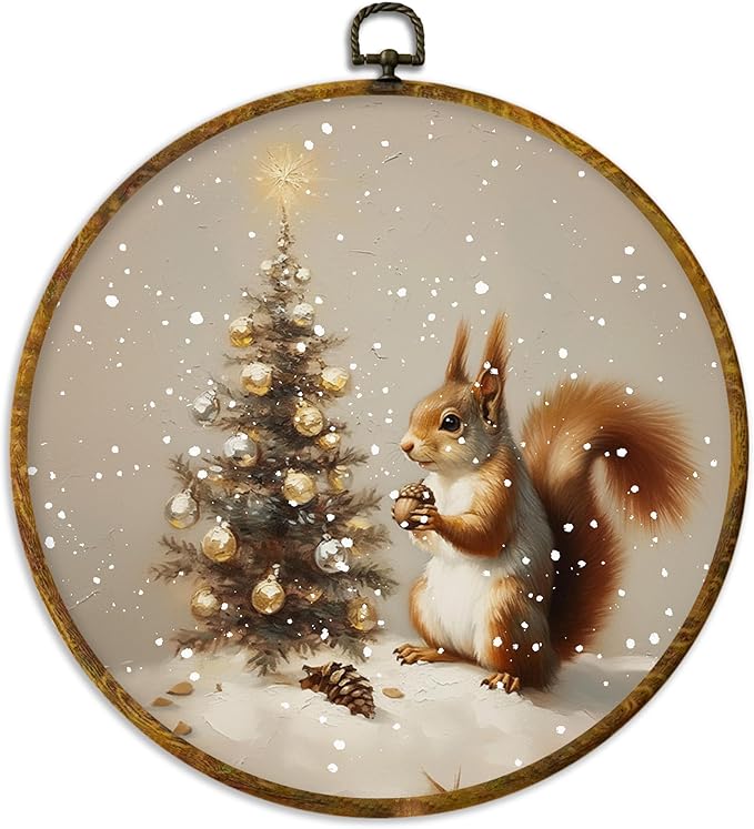 XPH Vintage Christmas Squirrel Round Wall Art Framed, Whimsical Christmas Tree Circle Wall Decor, Cozy Winter Squirrel Hanging Canvas Prints for Home Bedroom Living Room Decoration, 10x10 Inch