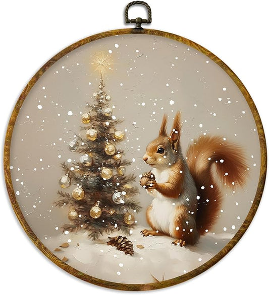 XPH Vintage Christmas Squirrel Round Wall Art Framed, Whimsical Christmas Tree Circle Wall Decor, Cozy Winter Squirrel Hanging Canvas Prints for Home Bedroom Living Room Decoration, 10x10 Inch