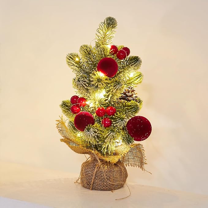 Burlap Small Christmas Tree Decor with Lights - Mini Tabletop Artificial Tree Centerpiece for Indoor Home Office Desk Holiday Decorations(Red Ornament)
