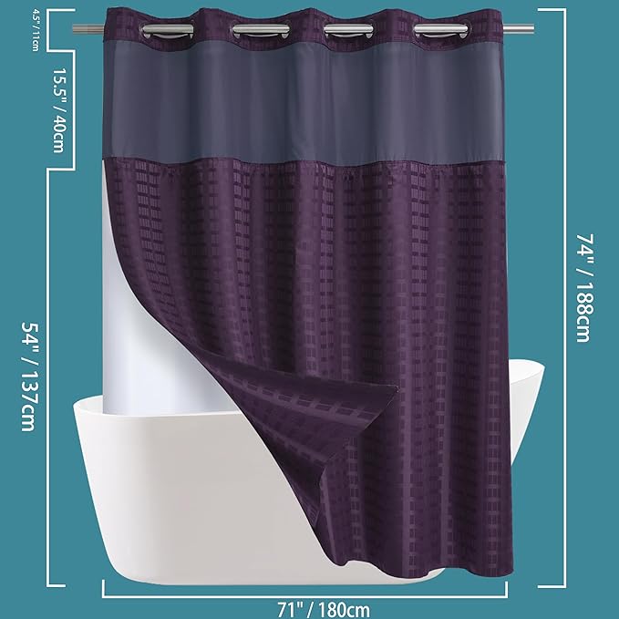 Conbo Mio No Hook Shower Curtain with Snap in Liner Set, Hotel Luxury Purple Shower Curtains for Bathroom with See Through Top Window, Waterproof, Washable 71W x 74H