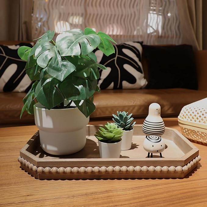 Wood Rustic Serving Tray with Beads, Farmhouse Brown Decorative Tray for Table Centerpiece, Christmas Wedding Halloween Home Decor