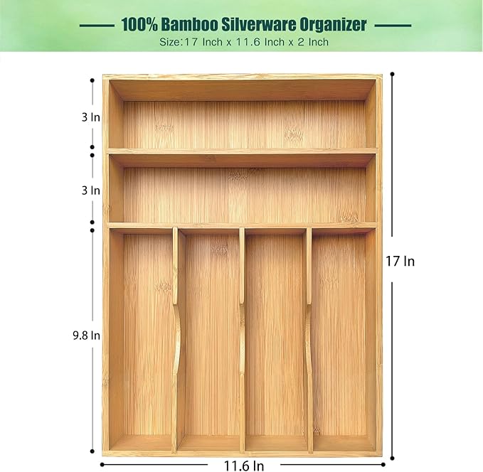 Bamboo Kitchen Drawer Organizer, 11.6" W x 17" H Silverware Utensil Tray Holder, Wood Cutlery Tray for Silverware, Flatware, Bedroom, Organization of office supplies