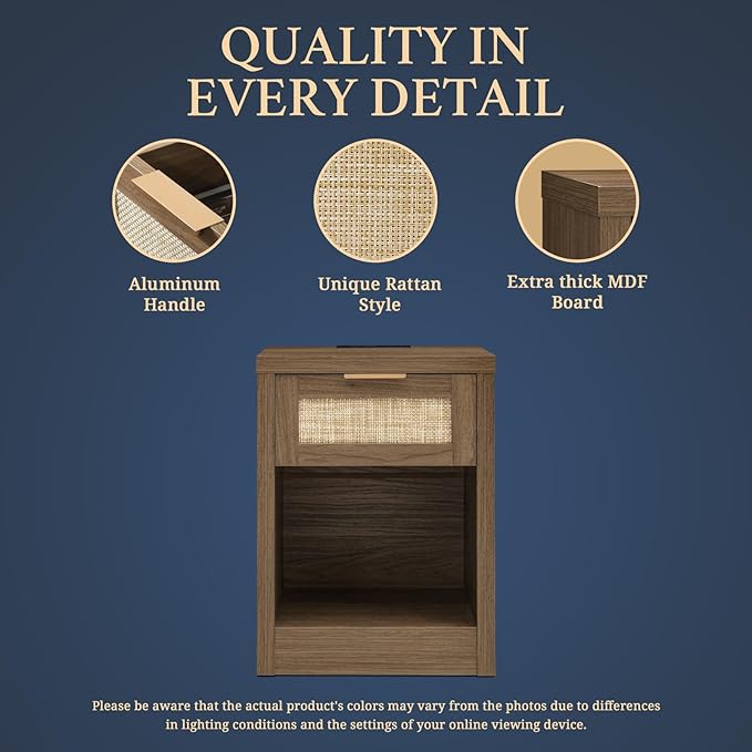 Nightstand Set of 2, Rattan Night Stand with Type-C Charging Station, Bedside Table with Drawer, Boho Bed Side Table End Table Accent Table for Bedroom Living Room (Special Walnut)