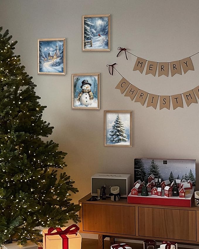 Wheatwin Winter Wonderland Vintage Christmas Wall Art Prints Set of 4, Blue Christmas Tree Snowman Wall Decor, Winter Xmas Decor for Bathroom Home Bedroom Living Room, 12x16 (Unframed)