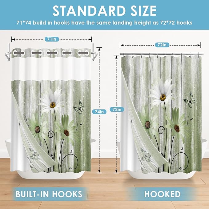 No Hook Daisy and Butterfly Shower Curtain with Snap in Fabric Liner Set, Green Rustic Farmhouse Double Layers Waterproof Fabric with See Through Top Window Open Grommet Bath Curtain 71x74 Inch