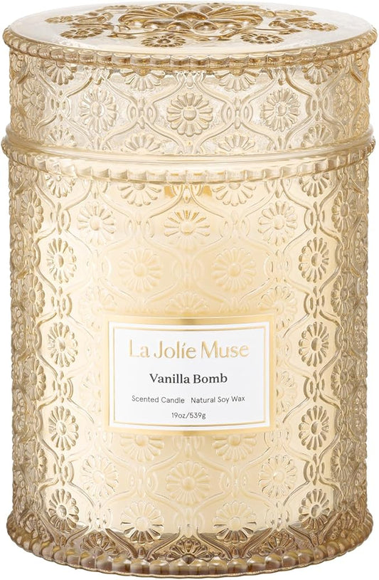 LA JOLIE MUSE Fall Candle | Vanilla Bomb Candle –Vanilla, Lemon Zest & Patchouli |19 oz Large Wooden Wick | Natural Soy Wax | 90 Hours Clean Burn | Gift-Ready for Autumn Hosting | Seasonal Home Décor