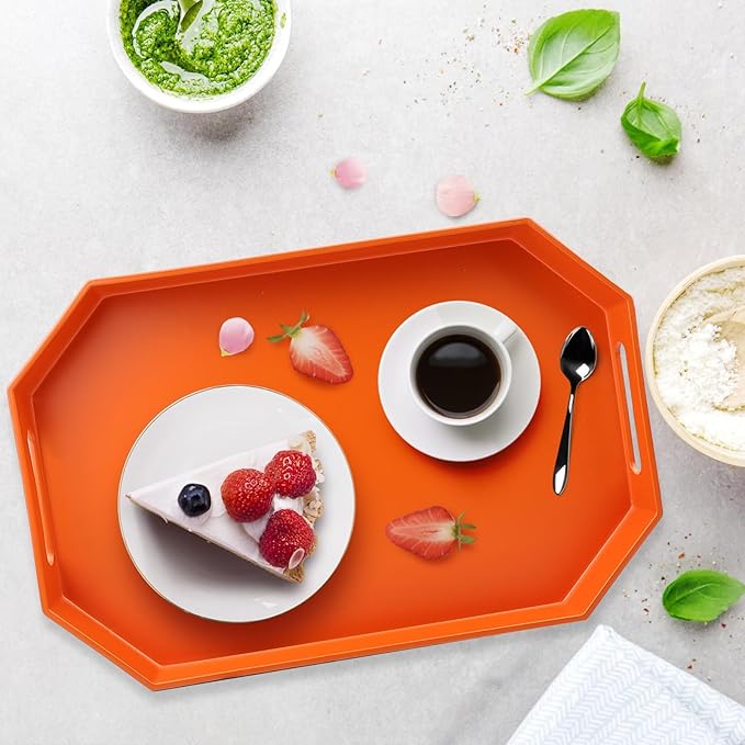 Orange Octagonal Serving Tray with Handles for Coffee Table, Plastic Decorative Tray for Ottoman, Kitchen Counter, Living Room, Outdoor Lacquer Tray for Entertaining