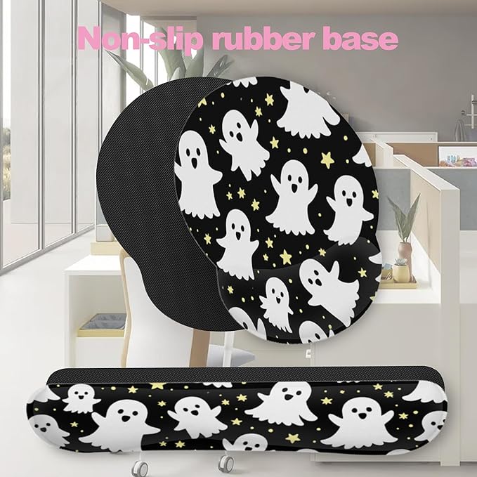 Halloween Ghosts Keyboard Wrist Rest Pad Mouse Pad Set,Ergonomic Mousepad Wrist Support Memory Foam Desk Pad for Gaming Office,Non-Slip Rubber Base Easy Typing for Home Office Computers