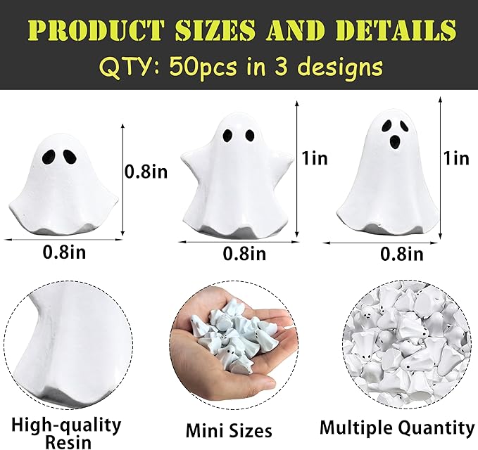 50Pcs Mini Resin Ghosts, Small Ghost Figurines, Tiny Halloween Miniatures for Spooky Tiered Tray Decor, Vase Filler, Home Tabletop Shelf Centerpieces, Party Favors Gift