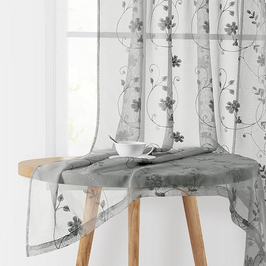 HOMEIDEAS Grey Sheer Curtains 96 Inches Long 2 Panels Embroidered Floral Pattern Semi Sheer Window Curtains for Bedroom Living Room
