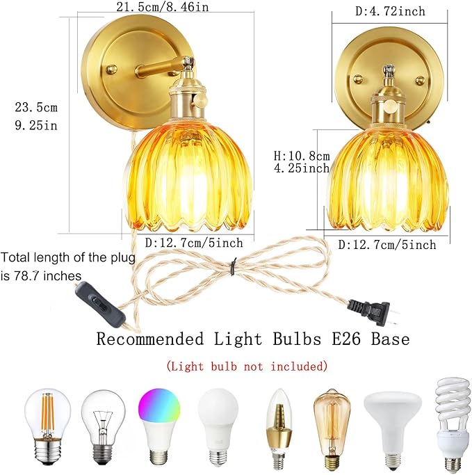 Plug in Vintage Wall Sconces Set of Two, 180 Degree Adjustable Brass Vanity Lights Fixture with Amber Tulip Glass Lampshade, Modern Wall Lighting for Bedside Bedroom Bathroom