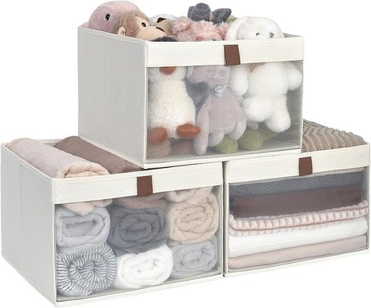 StorageWorks Closet Storage Bins, Extra Large Storage Baskets with Clear Window and Handles, Foldable Fabric Organizer for Clothes, Shelves, Beige, 3 Pack