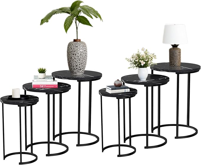 Lavish Home 6-Piece Nesting Table Set – Round Faux Marble Side & End Tables – Modern Space-Saving Accent Furniture for Living Room, Bedroom, Apartment, or Home Office (Black)