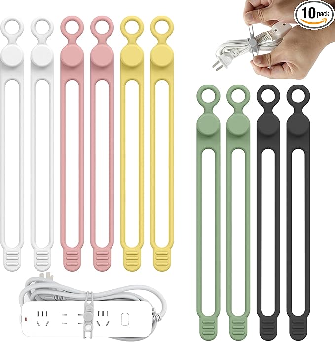 Silicone Cable Straps,10PCS 7.1"Cord Ties, Reusable Cable Ties，Travel Cord Organizer，Wire Organizer Ties for Kitchen,Home,School,Bundle Storage for Cables Etc（5 Colors）