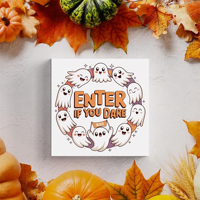 HTBIG Cute Ghost Halloweenwooden Box Decor Enter If You Dare Signs Office Decor Suitable family Computer Desk Dressing Table 5 x 5 Inch