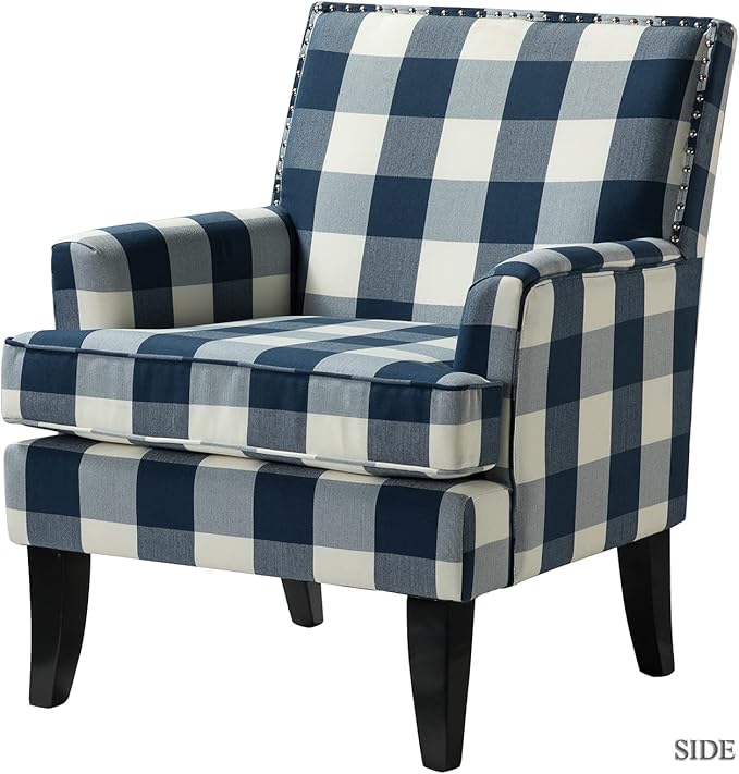HULALA HOME Modern Accent Chair with Arms and Wooden Legs, Buffalo Plaid Accent Chair Armchair High Back Rest, Padded Armrest and Comfortable Cushioned Seat for Living Room (Buffalo Navy)